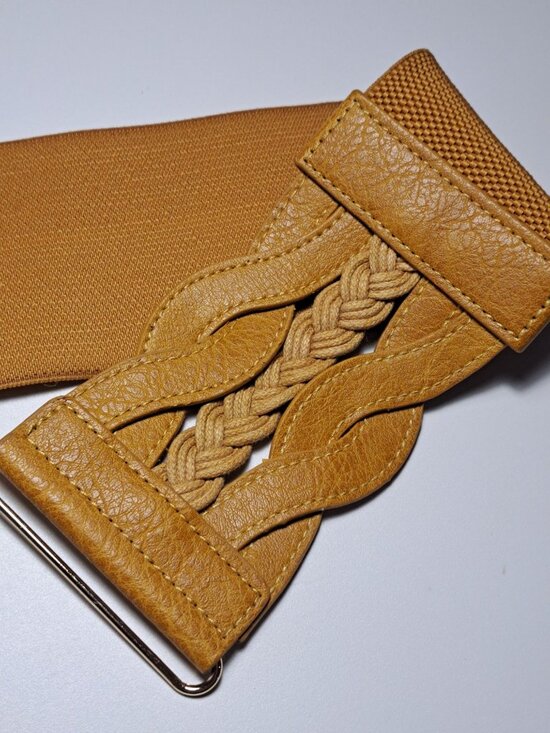 Womens Gold Elastic Waist Belt With Braided Faux Leather Accent & Metal Clasp - Picture 2 of 10